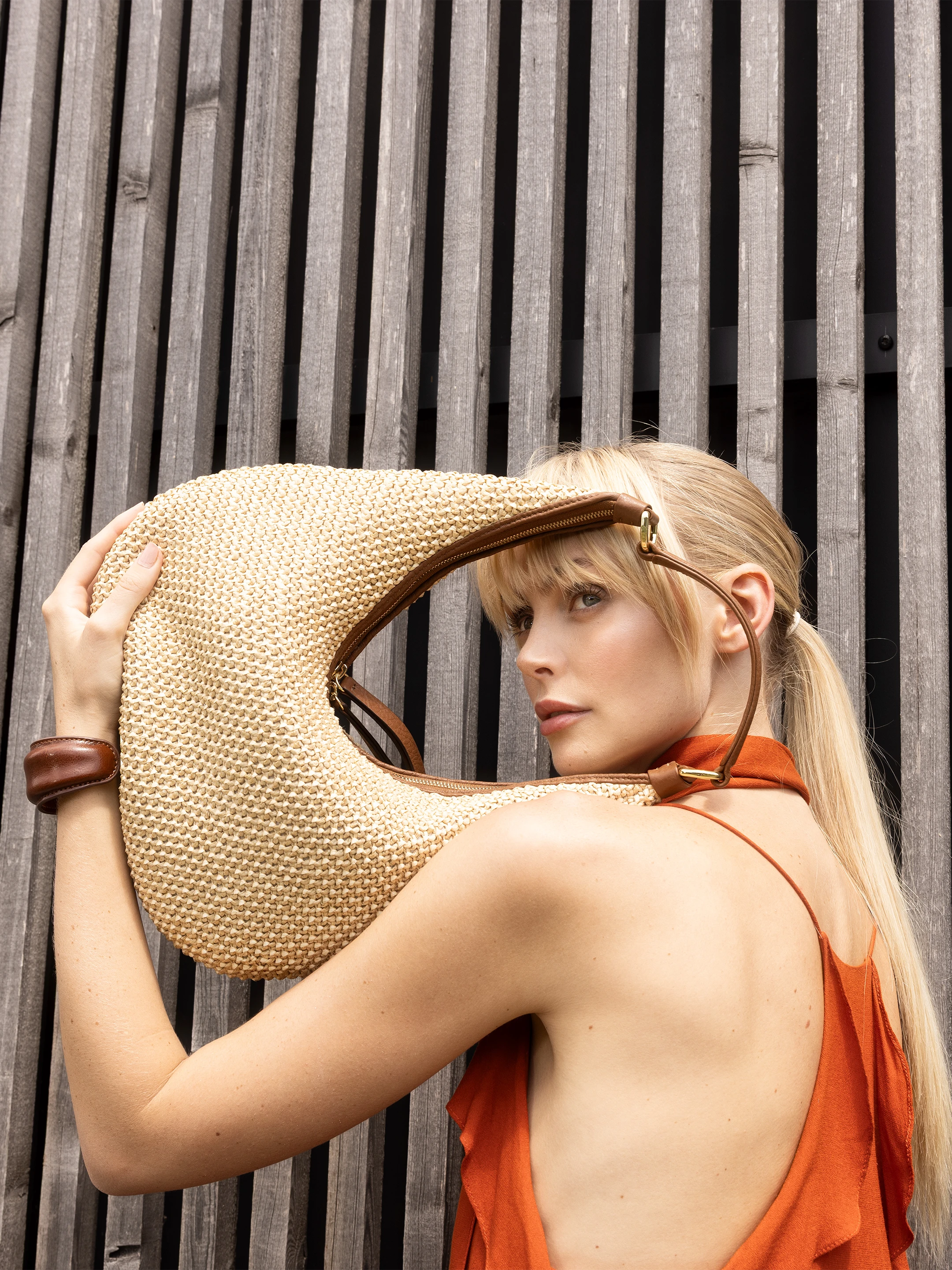 Beutel NANA mini Raffia Maglia/Leder